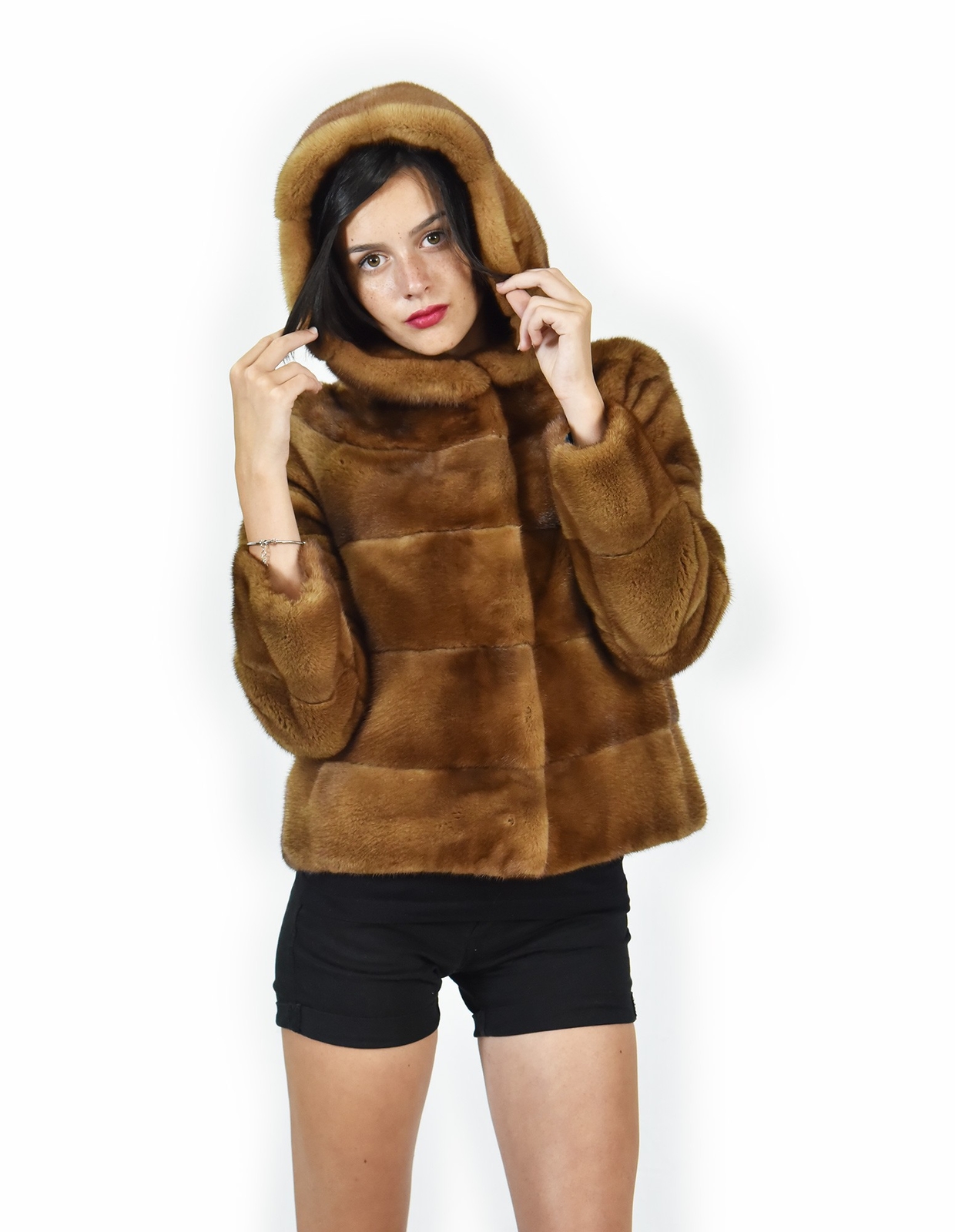 Gold mink fur jacket with full hood 61 cm horizontal skin