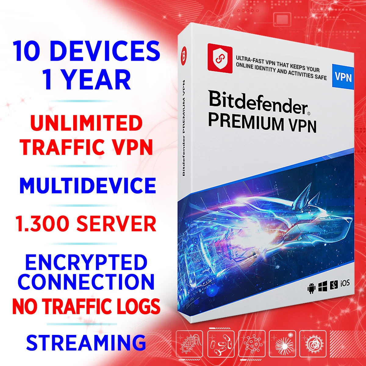 Bitdefender Premium VPN unlimited 2024 10 devices 1 year / Win Mac  Bitdefender Premium VPN unlimited 2024 10 devices 1 year / Win Mac