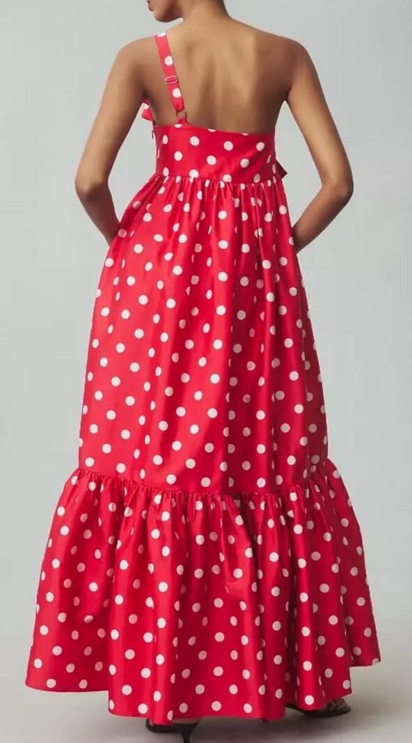 Anthropologie Red Polka Dot Dress Big Bow Maxi $248 Boho Glam Party Dress M  | eBay
