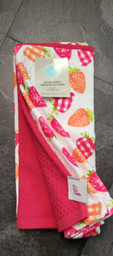 MARTHA STEWART Cotton Tea Towel Set Pack of 3 Kitchen T Towels Strawberry Berry - Picture 1 of 4