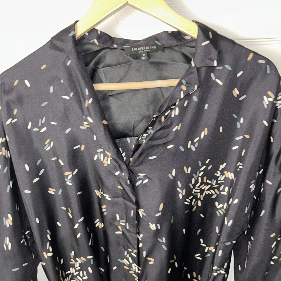 Lafayette 148 Black Multicolor Sprinkle Print Batwing Sleeve Silk Dress Medium - Image 3 of 4