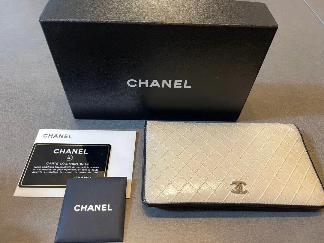 Authentic CHANEL Bicolore Coco Mark Long Wallet Purse Leather