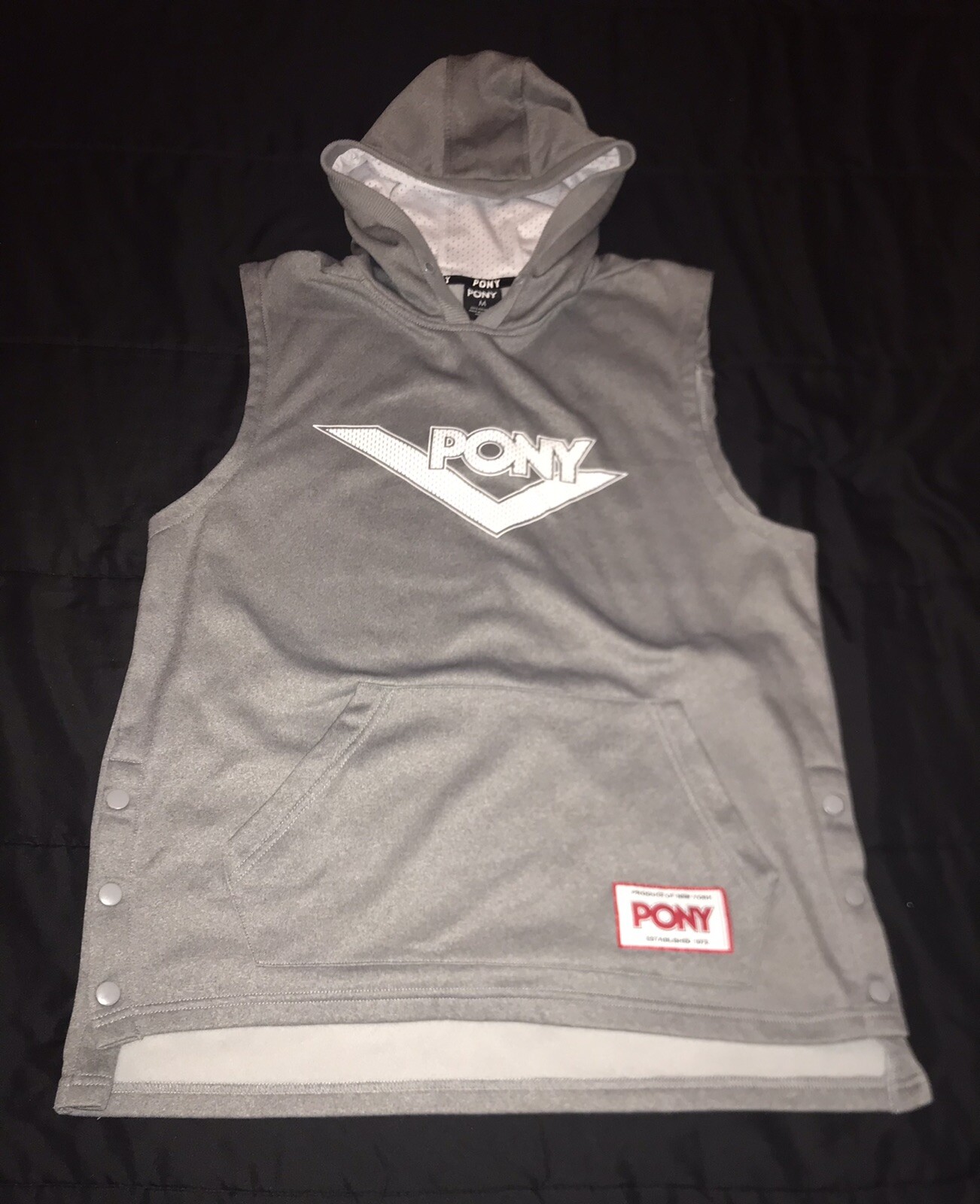 PONY CMP300 Retro Streetwear Felpa con Cappuccio Senza Maniche GRIGIO Uomo Medium ~ NUOVO è $58
