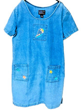 Vintage Y2K Denim Day Dress Womens S Pockets Embroidered Sea Shells Blue J