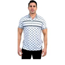 Men's Italian style Short Sleeve Greek Key pattern White Polo shirt 1/4 buttoned