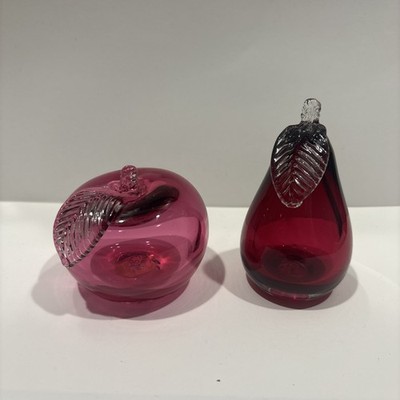 Vintage Rossi Handblown Cranberry Art Glass Apple And Pear Paperweight