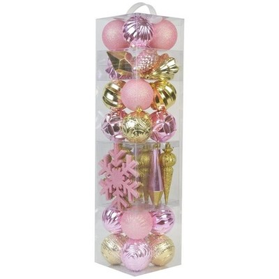 Pemberly Row 40Pc Shatterproof Plastic Christmas Ornament Set in Pink and Gold