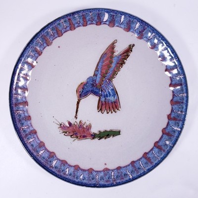 Signed ROBIN CAGE Hummingbird Purple Blue Drip Glaze Studio STONEWARE PLATE