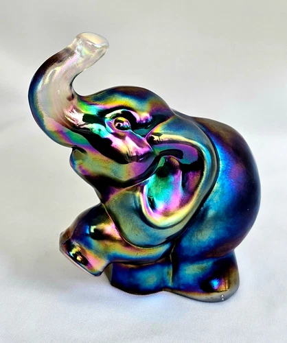 Fenton Iridescent Carnival Glass Elephant Figurine Small Trunk & Leg Up VTG