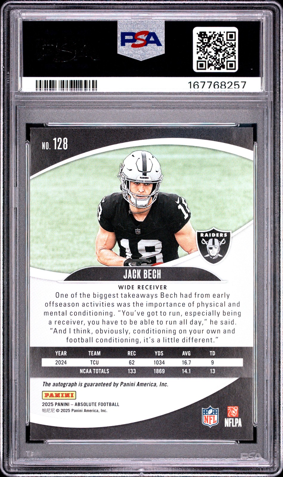 2025 PANINI ABSOLUTE SIGNATURE #128 JACK BECH ROOKIE RC PSA 7 AUTO view 2