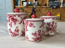 Vintage Cracker Barrel Red Floral Stoneware, Canister Set HTF