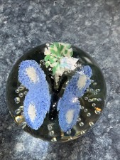 Vintage White & Blue wing butterfly w/Flower bubbles glass paperweight