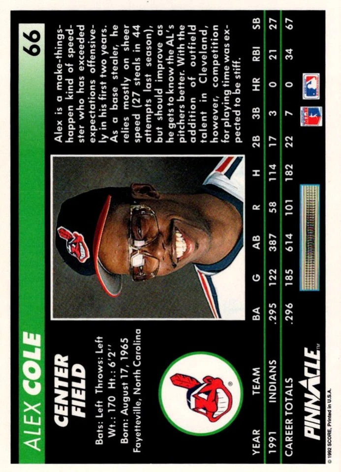1992 Pinnacle Alex Cole Cleveland Indians #66 - Image 2 of 2