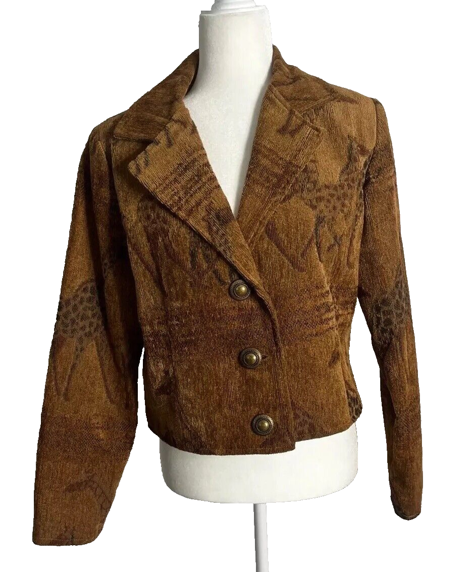 Giacca vintage dipinta arazzo pony ritagliata 3 bottoni giraffe taglia L marrone made in USA