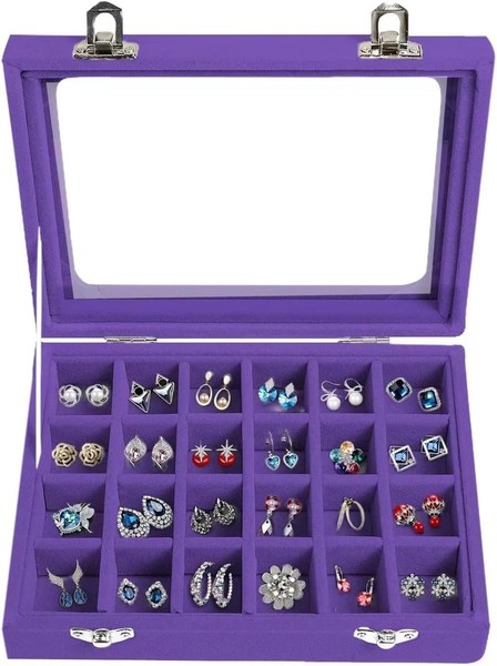 Schmuckkasten 24 FäCher Aufbewahrungsbox FüR Ringe Ohrringe Halskette Lila Damen-image