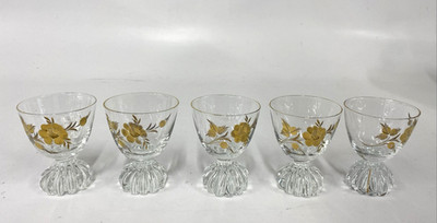 5 Vtg Libby  22 K Gold Leaf Footed Water Goblets Wine Glasses MCM Barware EVC