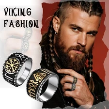 2Pcs Viking Vintage Men's Nordic Runes Stainless Steel Signet Rings Cycling Band