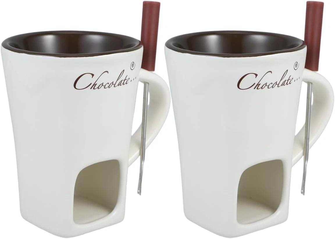 2 Pack Fondue Pot Ceramic Chocolate Fondue Mug Set 2 Forks Personal Fondue Mugs