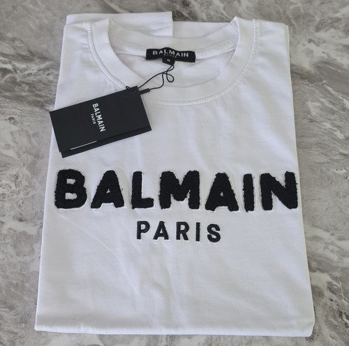 Balmain Paris Men's White Logo Graphic Print Crew Neck T-Shirt Size S
