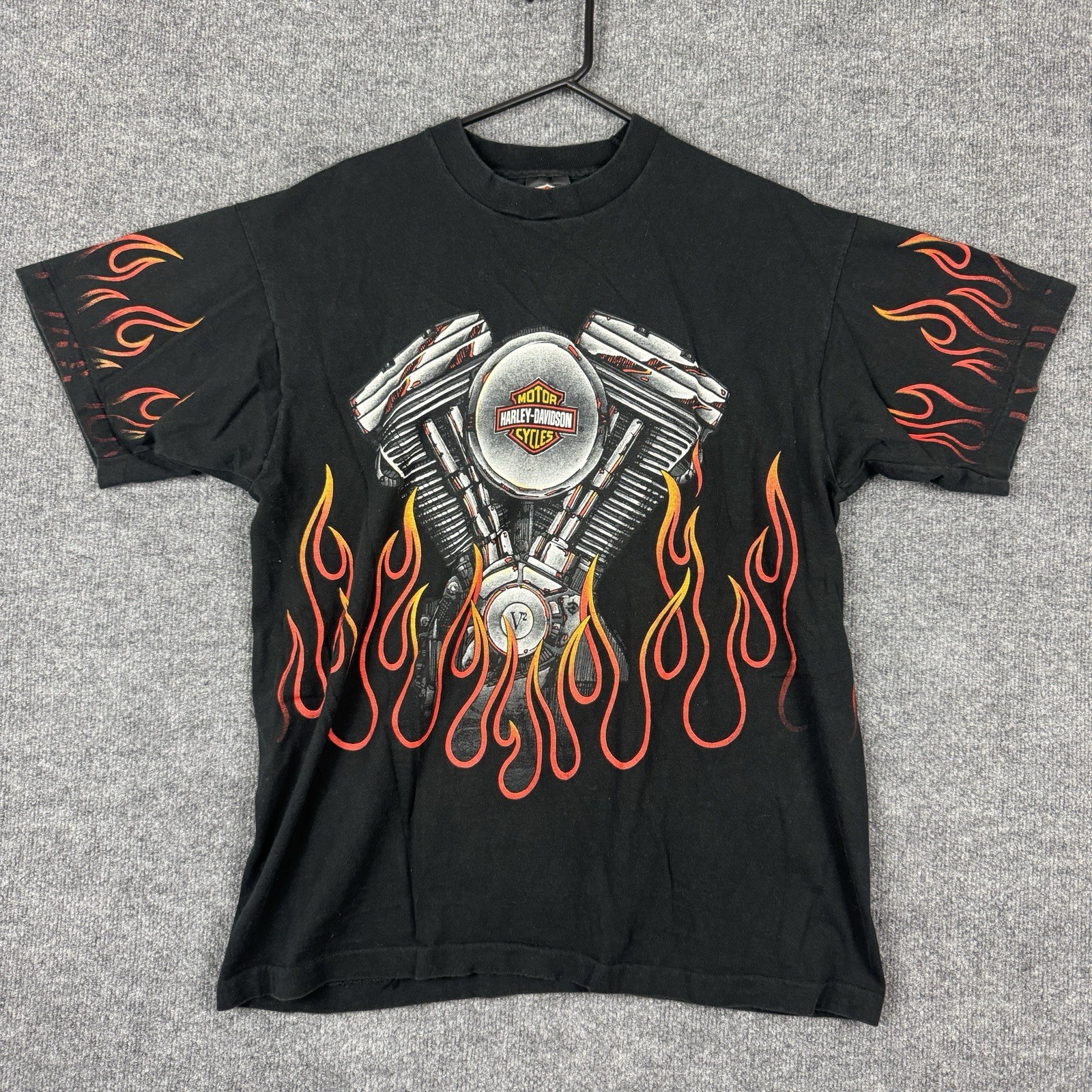Vintage Harley Davidson T Shirt Mens XL Black Flames Engine AOP Motorcycle 90s