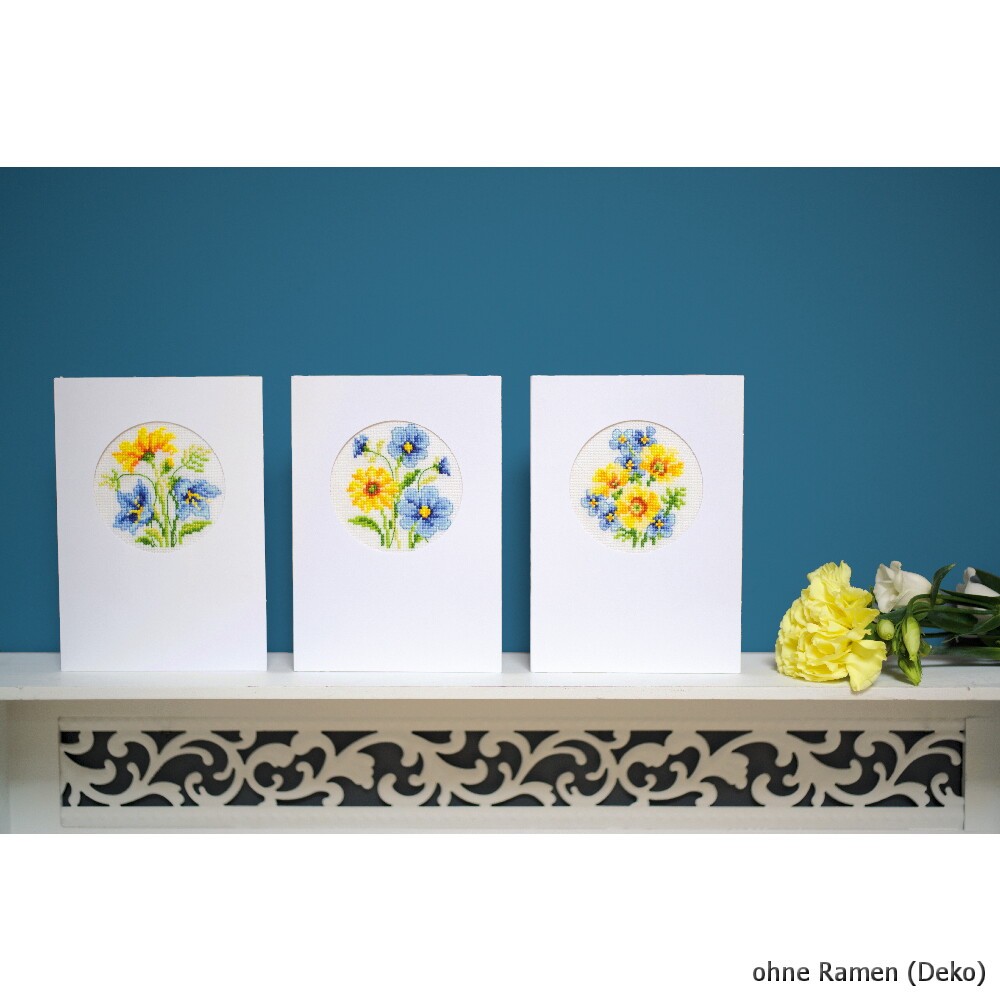 Vervaco Greeting card, counted stitch kit Blue & yellow flowers kit of 3, DIY - Image 3