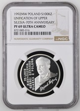 1992-MW Poland 100000 Zlotych Unification of Upper Silesia Silver NGC PF69UC