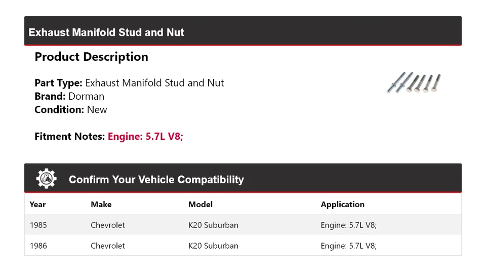 Para Chevrolet K20 Suburban Dorman 1985-1986 colector de escape perno y tuerca Foto 2 de 4