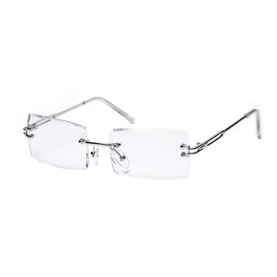 Men's Rectangle Silver Frame Retro Hip Hop Clear Lens Tint Rimless Glasses 
