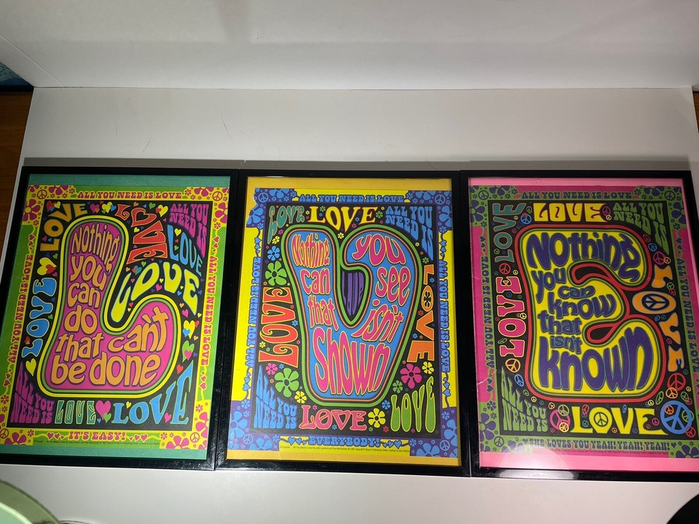 LOT OF 3 BEATLES ALL YOU NEED IS LOVE LYRICS FRAMED PSYCODELIC WALL ART POSTERS