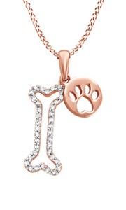 Authentic 1/9ct Real Diamond 14K Rose Gold Plated Dog Bone W/ Paw Print Pendant Necklace