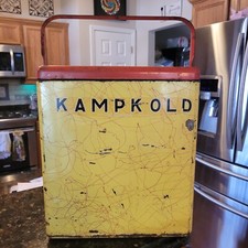 De colección KAMPKOLD Enfriador de Hielo Cofre Aluminio Airstream Años 50 Camping Raro MCM Amarillo