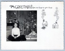1950's XMAS TREE BANJO CLOCK GIRL KNOTTY PINE PANELING PHOTOGRAPH CHRISTMAS CARD