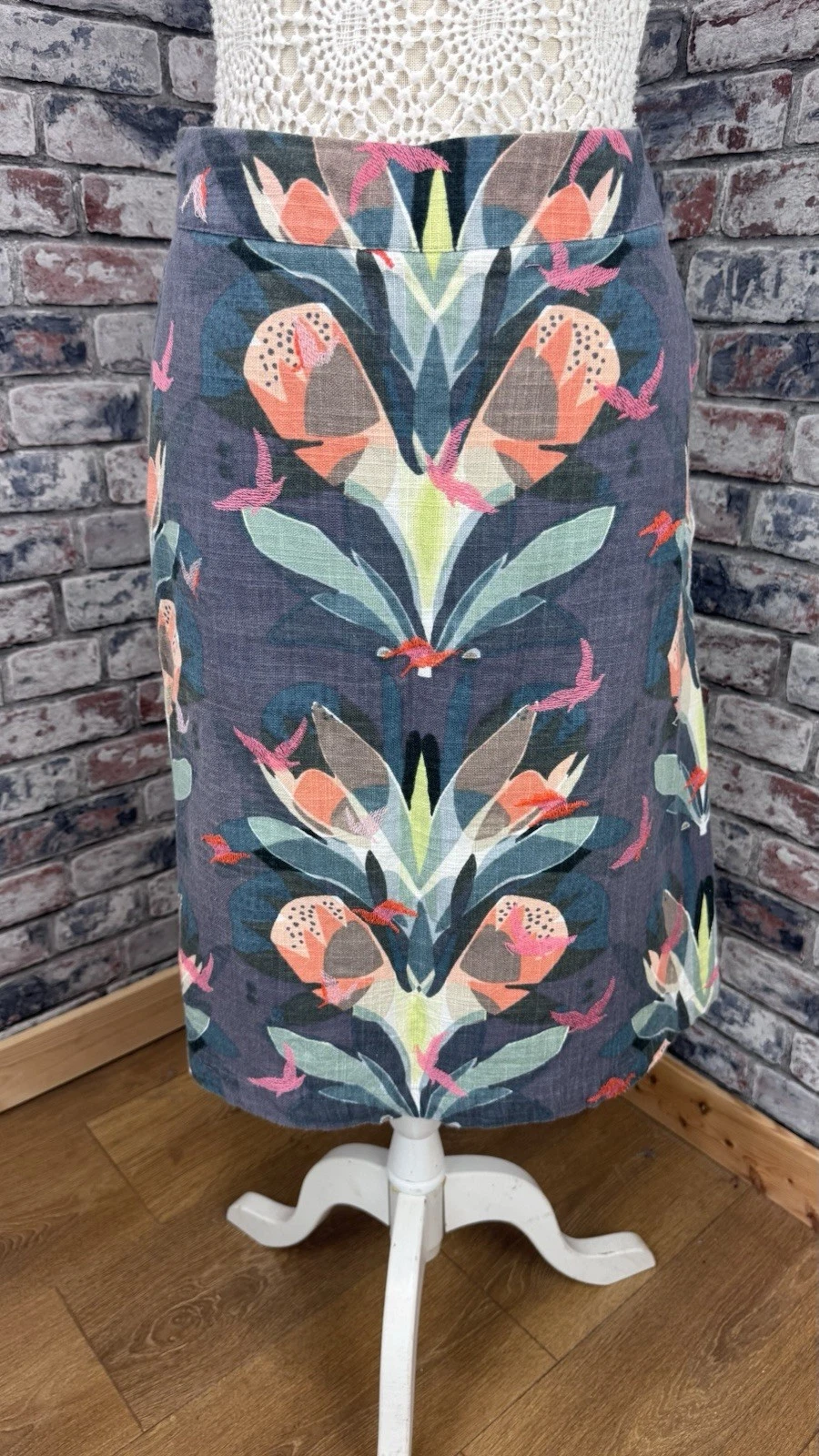 White Stuff Linen & Cotton Embroidered Tropical Print Pockets Skirt Size UK 16