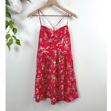 American Eagle Red Floral Mini Dress Fit Flare Smocked Pockets 10 Boho Indie