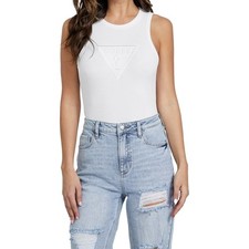 Womens Guess White Ribbed Sleeveless Racerback Embroidered Logo Bodysuit Size S