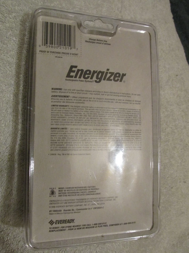 Batería de videocámara Energizer NOS de colección nueva - Paquete CM1060H 6V Canon 8 mm Foto 4 de 4