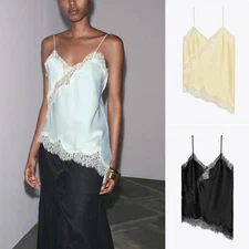 ZARA WOMAN NWT ZW COLLECTION LACE CAMISOLE TOP LIGHT BLUE BLACK 5919/105/406