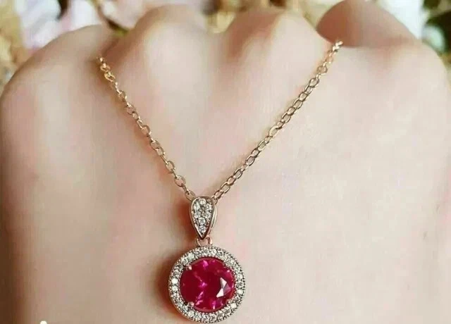 2.50Ct Round Cut Lab Created Red Ruby Women's Halo Pendant 14K Rose Gold Plated - Image 4 of 4