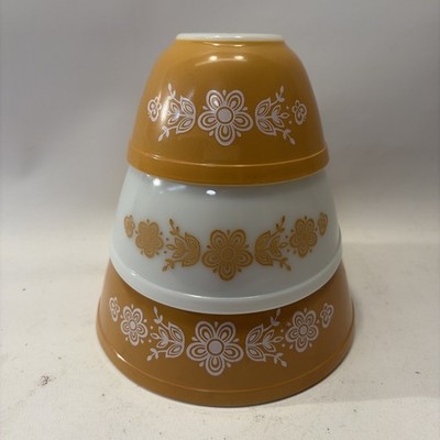 SET OF 3 Vtg 1970s PYREX Butterfly Gold Nesting Mixing Bowls 401 + 402 + 403