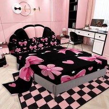 Bowknot Bed Sheets Set Twin Size Black Pink Bed Set Pink Bow Deep Pocket Fitt...