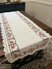 White Rectangular Floral Embroidered Tablecloth w/ Red Border Lace Trim