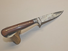  Jagdmesser, bay. Jagdnicker, Damastklinge, mit Rindlederscheide, Nussbaumgriff