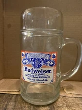 Budweiser Heavy Duty Glass Beer Mug Tankard 32 Oz Collectible Vintage 8” Tall