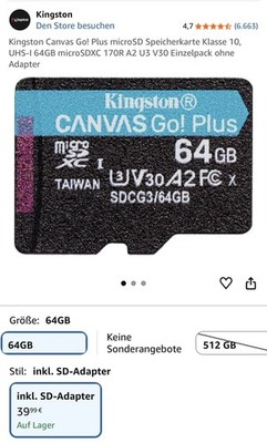 Kingston Canvas Go! Plus UHS-I 64GB microSDXC Speicherkarte 170R A2 U3 V30 | NEU