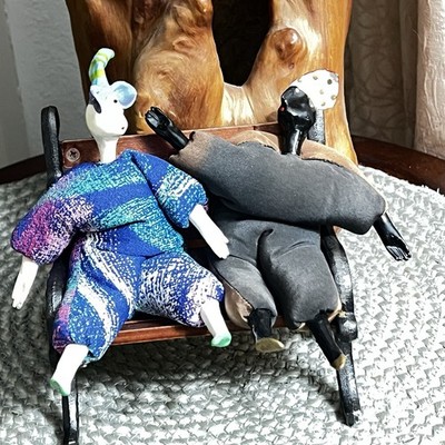 Two French Artist Poupee Millet Dolls Wild Hats Wood Bench | Signed PABLO 1985