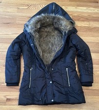 Women's Black faux-fur Trimmed ParkaJacket - faux fur lined detachable hood