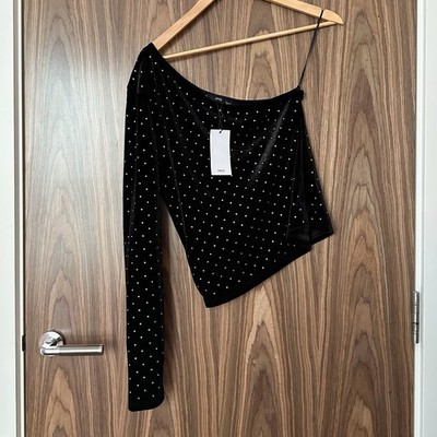 Mango schwarz Samt Plüsch verziert Nieten One Shoulder Langarm Top M NEU