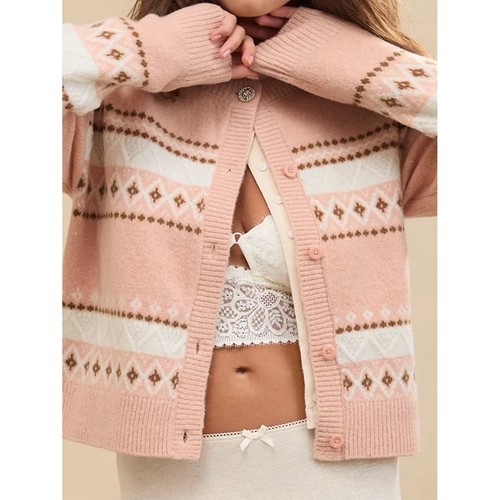 Aerie unREAL Pink Cream Fairisle Cardigan Sweater