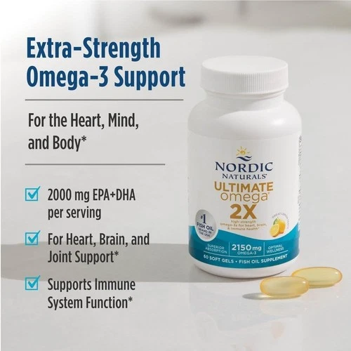 White Nordic Naturals Ultimate Omega 2X LemonFish Oil bottle with gold cap, blue text, and yellow fish icon on front.