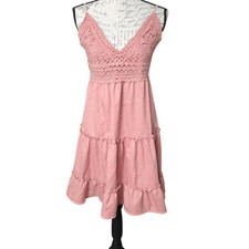 Shein Women's Size XL Dusty Pink Crochet Bodice Ruffled Skirt Tie Back Dress